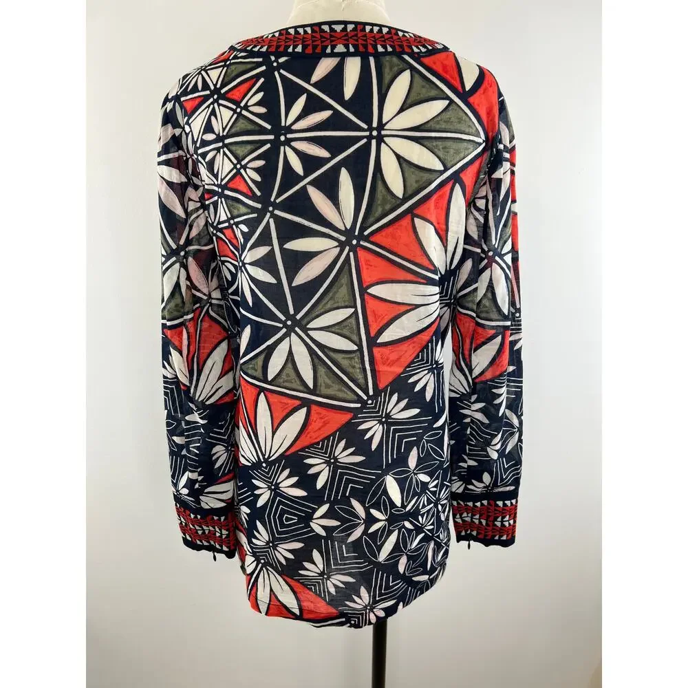 Tory Burch Geometric Blue Orange Print Long Sleeve Cotton Tunic Cover Up Size 4